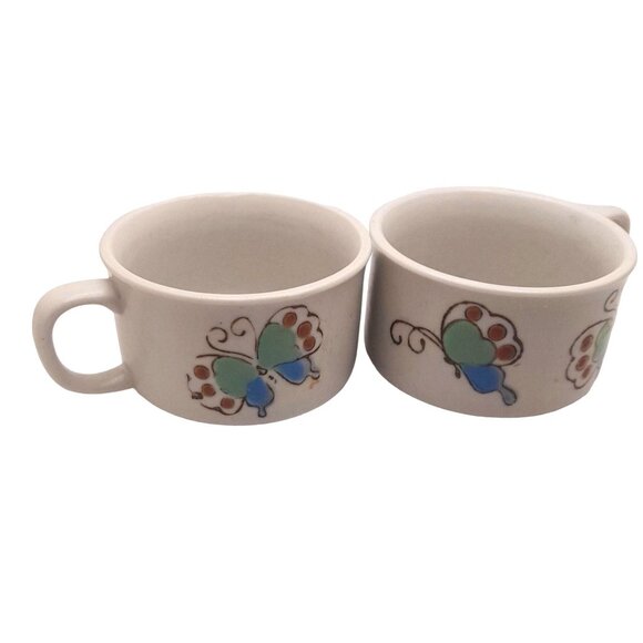 Vintage Butterfly Soup Bowls Cocoa Mugs Large Stoneware 16 oz MCM Boho - Picture 2 of 9